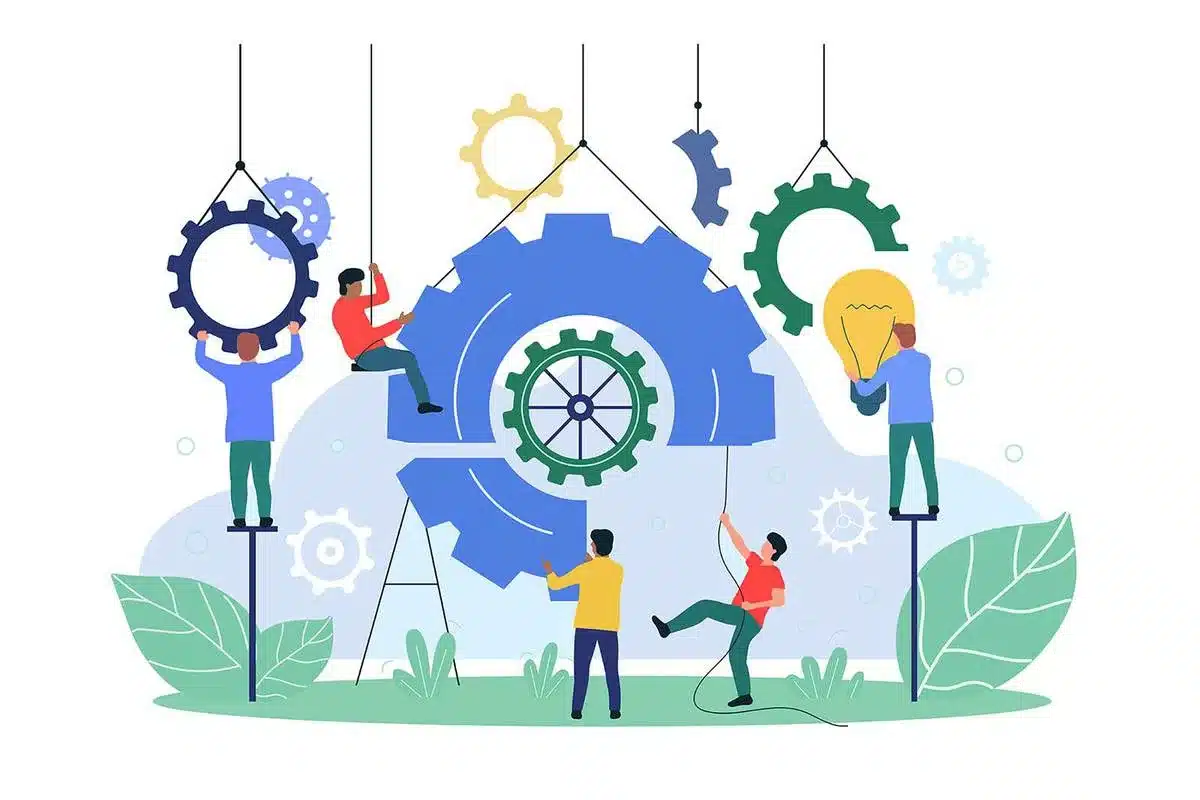 Ilustrácia ľudí, ktorí skladajú ozubené kolieska mobilného riešenia